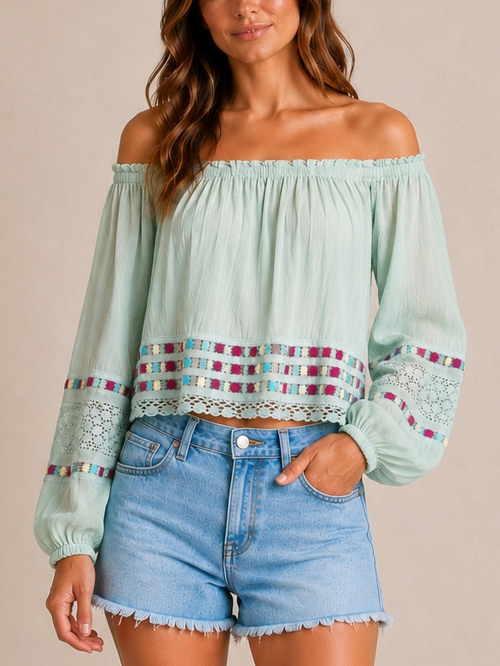 Free People Peasant Boho Crop Top Size S/P Mint Off Shoulder Crochet Blouse
